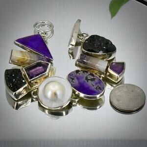 Echo of The Dreamer Sterling Silver Multi Gemstone Amethyst Druzy Pearl Bracelet